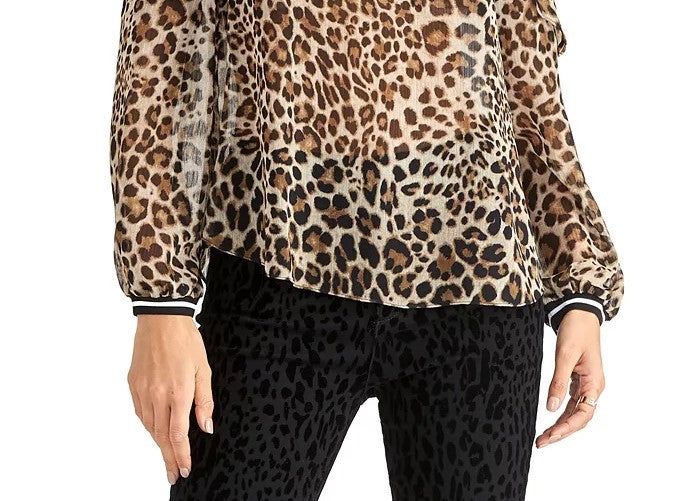 Blusa transparente com estampa de leopardo Rachel Roy feminina, bege, tamanho 8