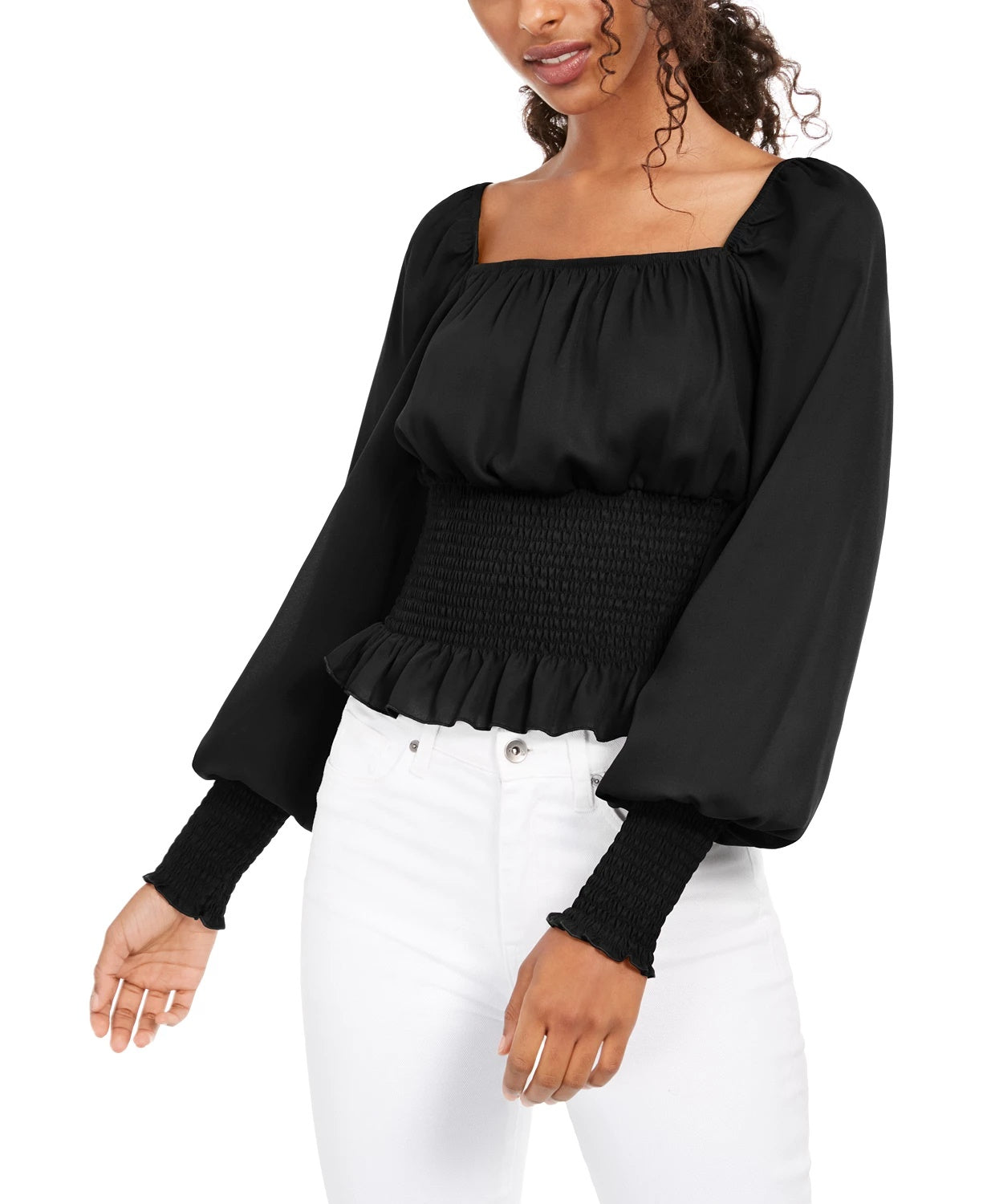 Blusa camponesa com cintura franzida Ultra Flirt Juniors, preta, tamanho extragrande