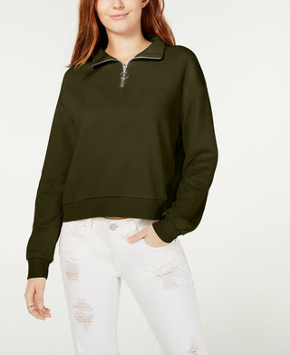Crave Fame Juniors' Waffle-Knit Quarter-Zip Top Green Size Small