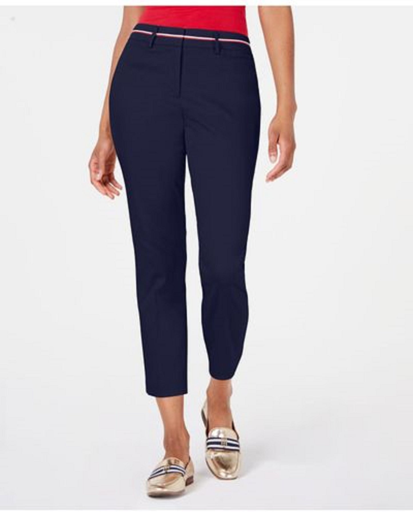 Calça feminina Tommy Hilfiger com acabamento em fita, azul-marinho, tamanho 16