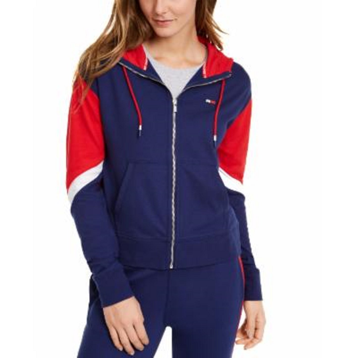 Tommy Hilfiger Sport Moletom com capuz feminino com zíper e blocos de cores, azul, tamanho extra grande