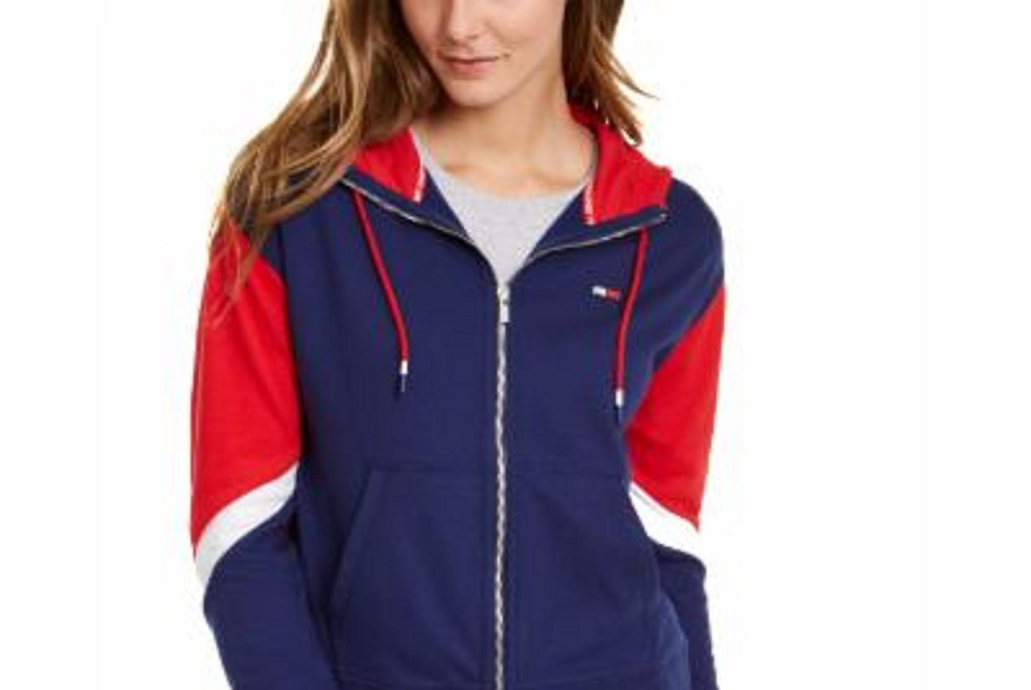 Tommy Hilfiger Sport Moletom com capuz feminino com zíper e blocos de cores, azul, tamanho extra grande