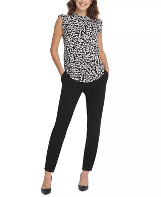 Blusa feminina DKNY com estampa floral e babados, sem mangas, tamanho grande, carvão