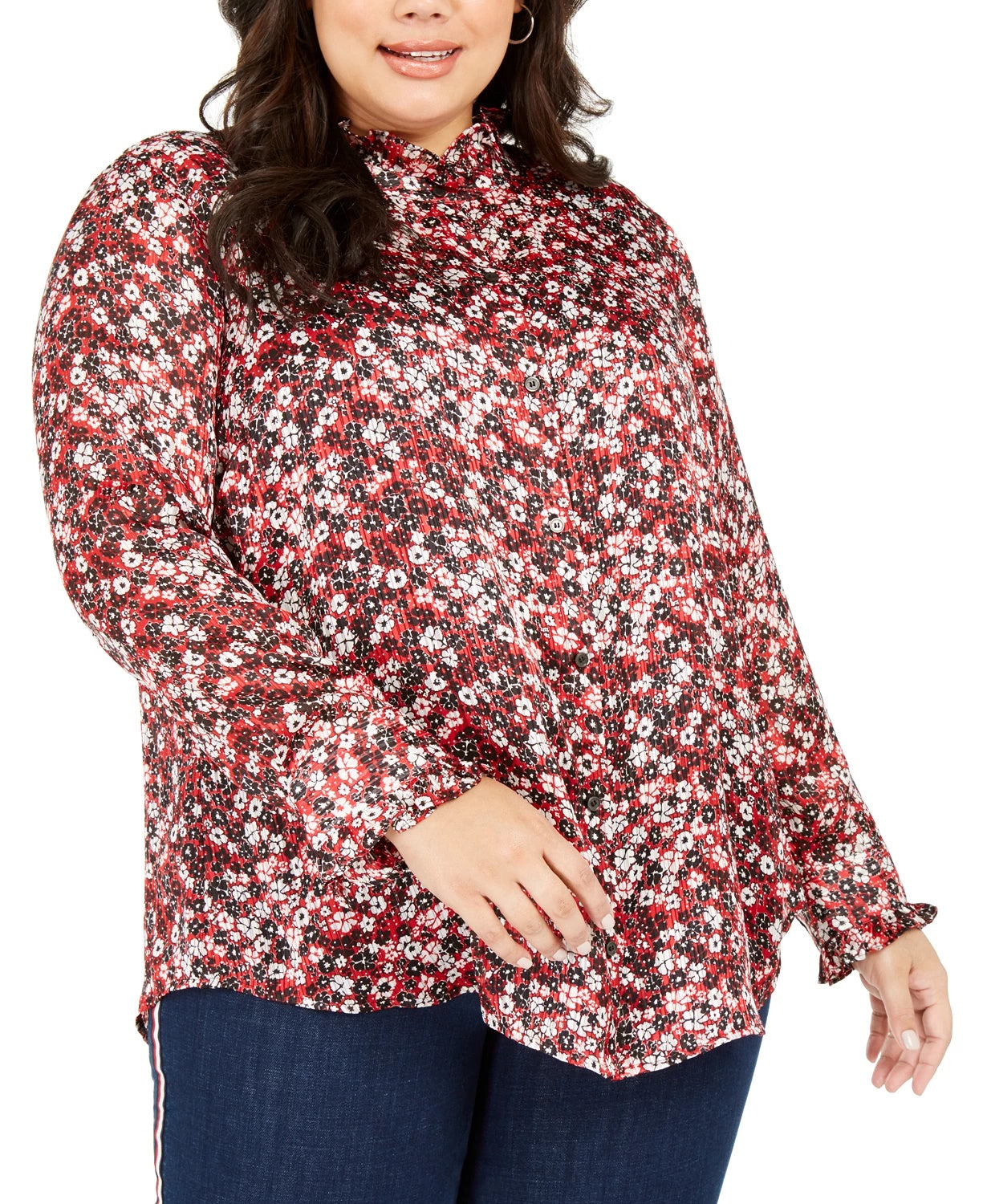 Tommy Hilfiger Top feminino plus size estampado com babados e botões frontais, vermelho, tamanho 2X
