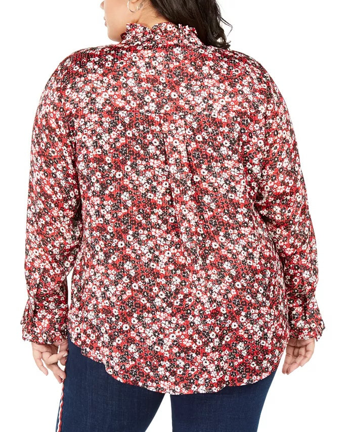Tommy Hilfiger Top feminino plus size estampado com babados e botões frontais, vermelho, tamanho 2X