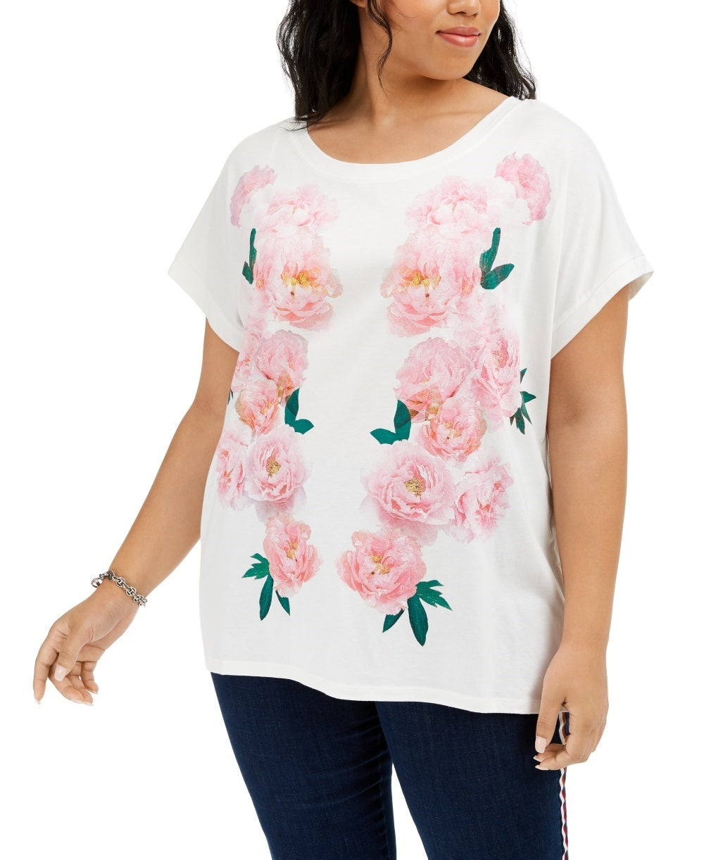 Camiseta feminina Tommy Hilfiger com estampa floral, branca, tamanho 3X
