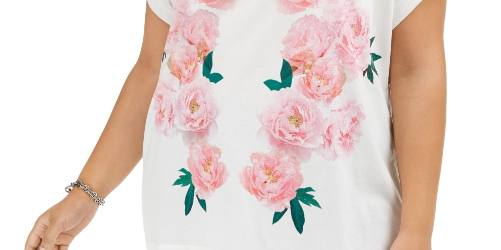 Camiseta feminina Tommy Hilfiger com estampa floral, branca, tamanho 3X