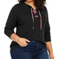 Tommy Hilfiger Blusa de malha waffle com cadarço feminina, preta, tamanho 2X