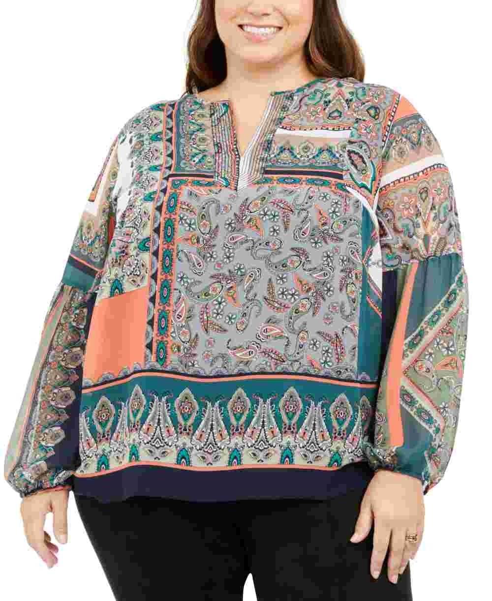 Tommy Hilfiger Blusa Túnica Feminina Verde Estampada Manga Longa Gola V Vermelha Tamanho 1X