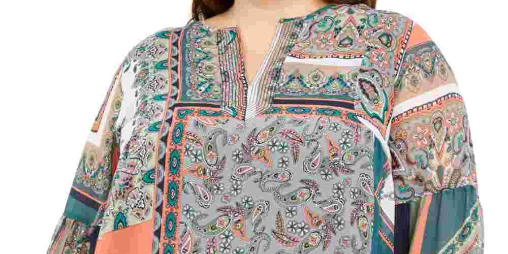 Tommy Hilfiger Blusa Túnica Feminina Verde Estampada Manga Longa Gola V Vermelha Tamanho 1X