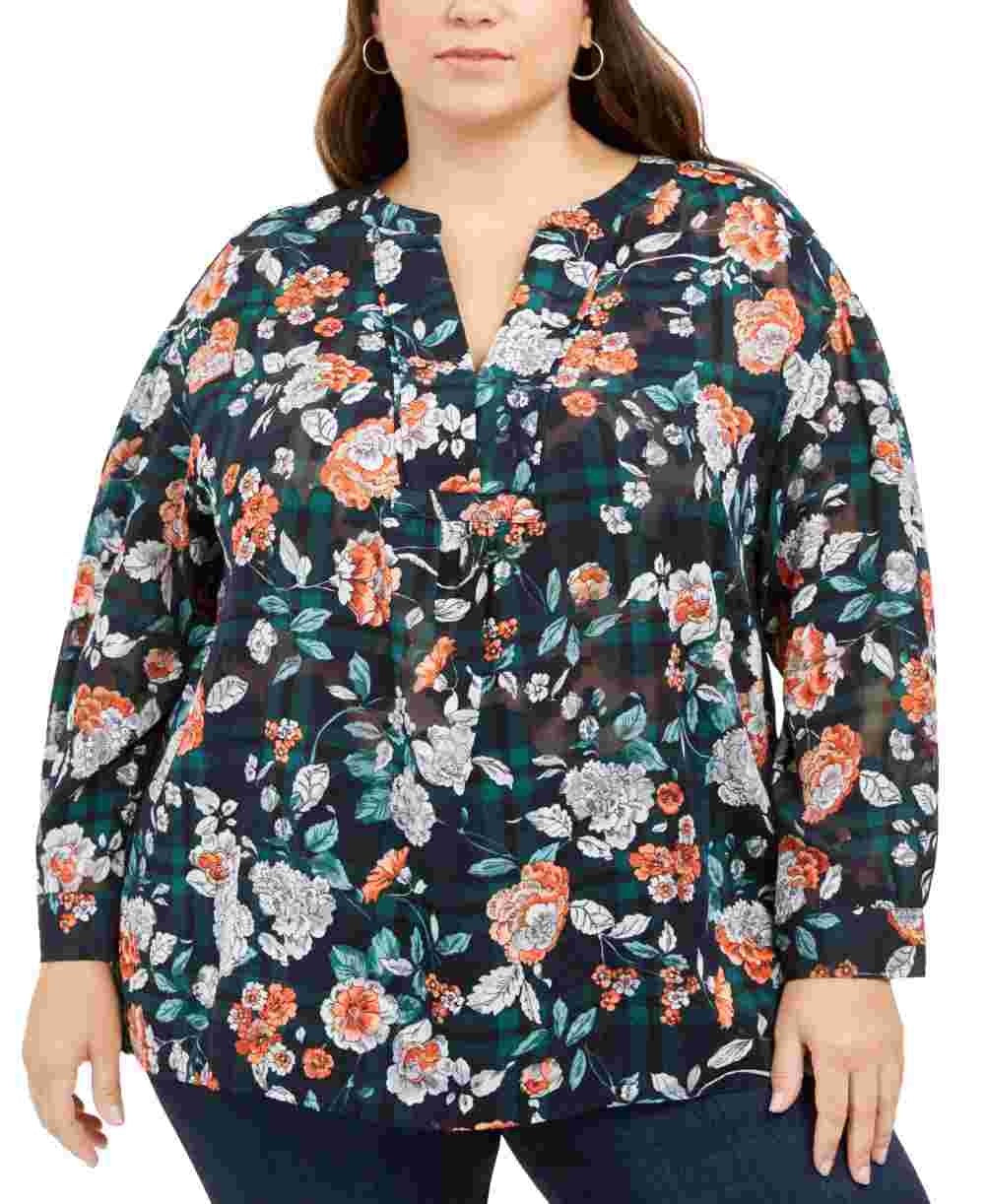 Blusa Tommy Hilfiger Feminina Estampada Gola Dividida Azul Marinho Tamanho 3X