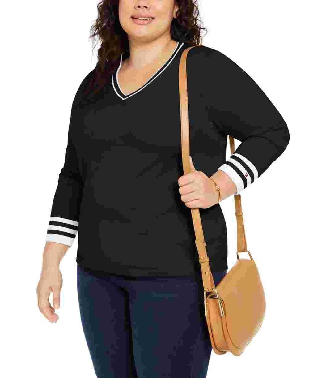 Suéter Tommy Hilfiger Plus Size Feminino de Algodão com Gola V Preto Tamanho 2X