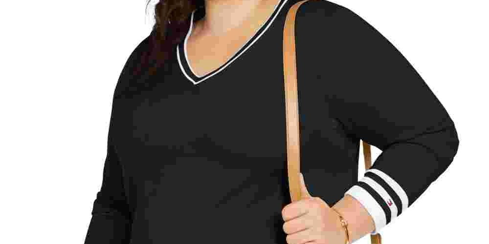 Suéter Tommy Hilfiger Plus Size Feminino de Algodão com Gola V Preto Tamanho 2X