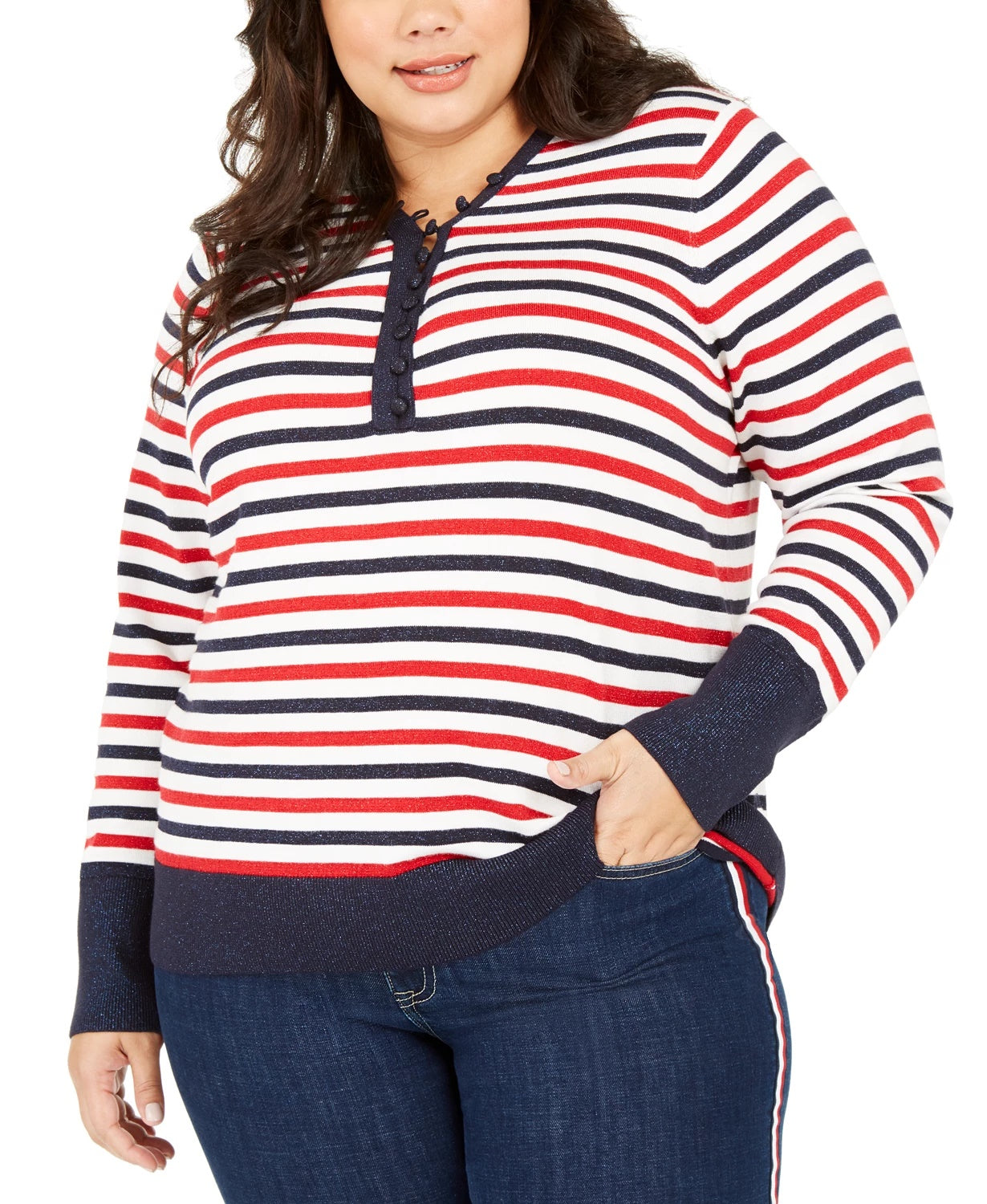 Tommy Hilfiger Blusa feminina plus size listrada metálica com botões, branca, tamanho 1X