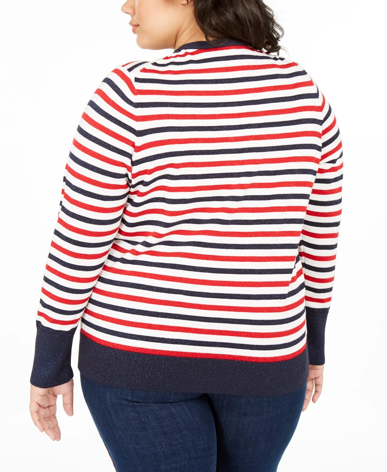 Tommy Hilfiger Blusa feminina plus size listrada metálica com botões, branca, tamanho 1X