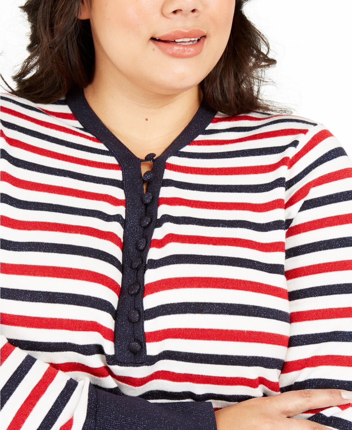 Tommy Hilfiger Blusa feminina plus size listrada metálica com botões, branca, tamanho 1X