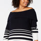 Tommy Hilfiger Suéter feminino plus size listrado ombro a ombro de algodão azul tamanho OX