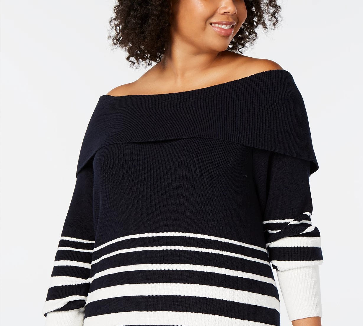 Tommy Hilfiger Suéter feminino plus size listrado ombro a ombro de algodão azul tamanho OX