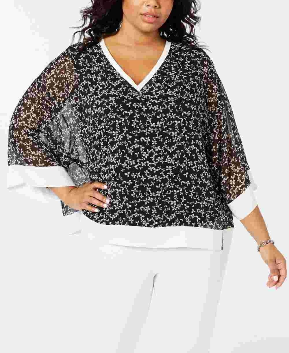 Tommy Hilfiger Blusa Feminina Preta Floral Manga Sino Gola V Cinza Escuro Tamanho 2X
