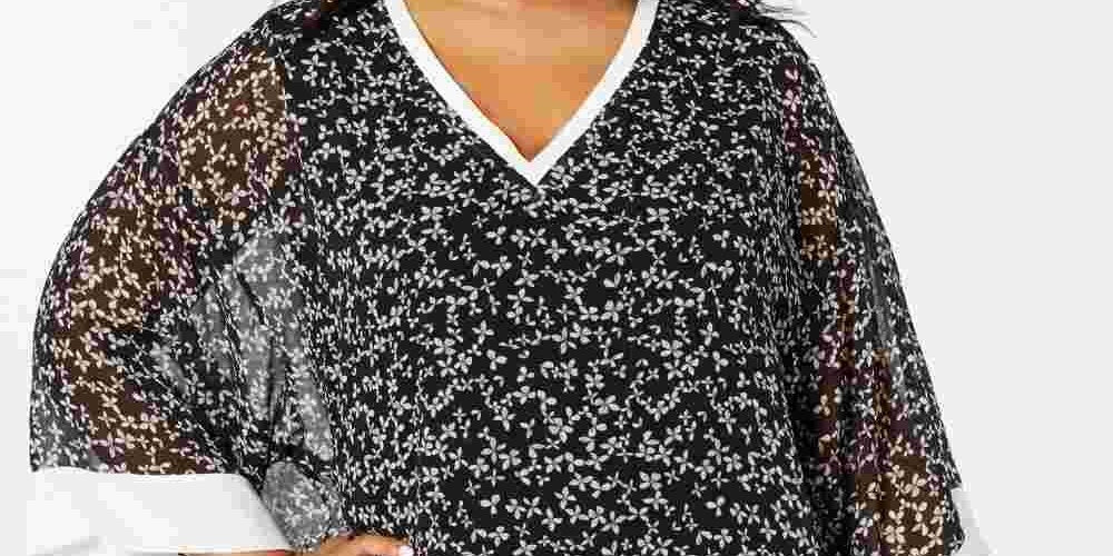 Tommy Hilfiger Blusa Feminina Preta Floral Manga Sino Gola V Cinza Escuro Tamanho 2X