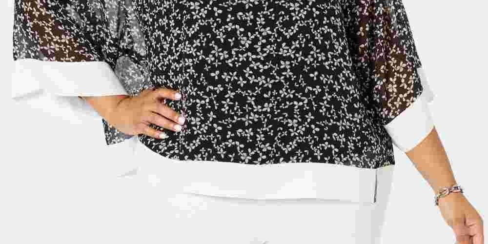 Tommy Hilfiger Blusa Feminina Preta Floral Manga Sino Gola V Cinza Escuro Tamanho 2X