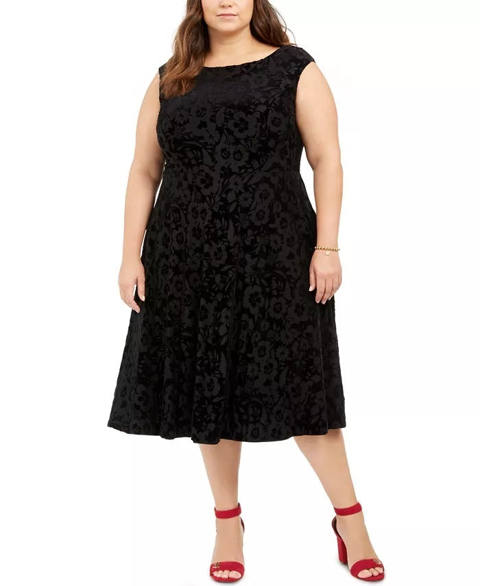 Vestido de festa feminino Tommy Hilfiger de veludo floral, sem mangas, decote redondo, midi, estilo flare, preto, tamanho 18W