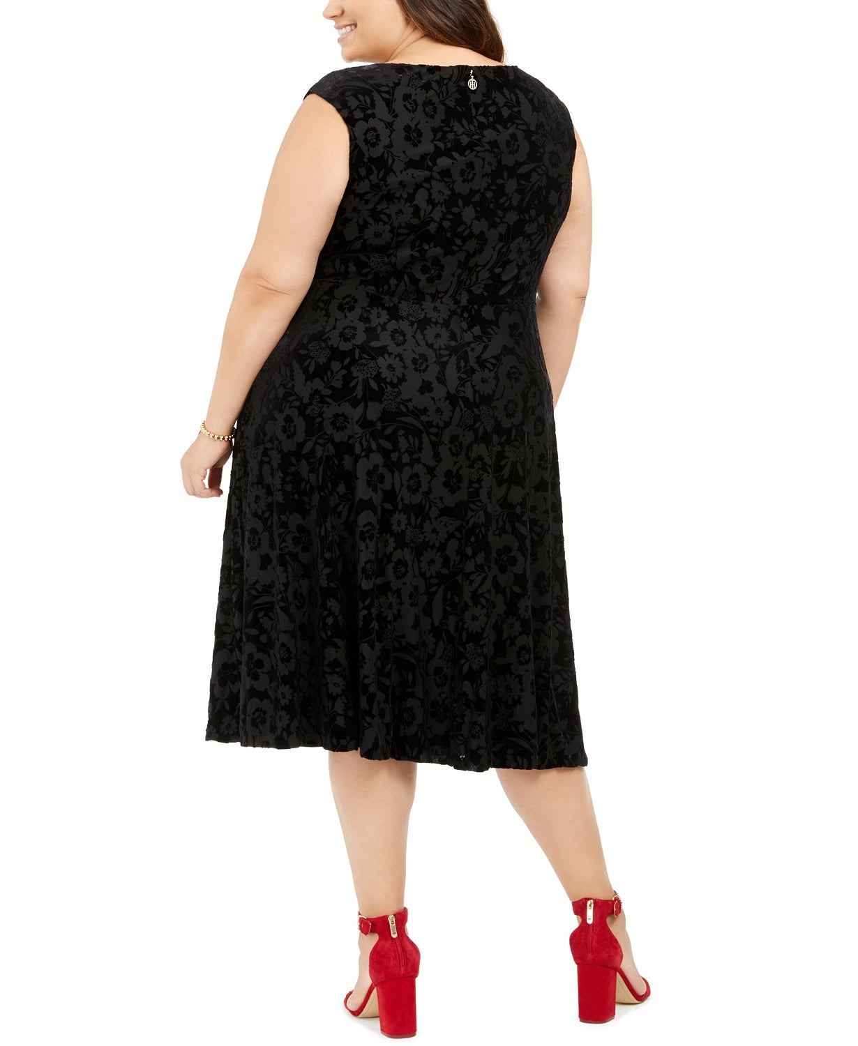 Vestido de festa feminino Tommy Hilfiger de veludo floral, sem mangas, decote redondo, midi, estilo flare, preto, tamanho 18W