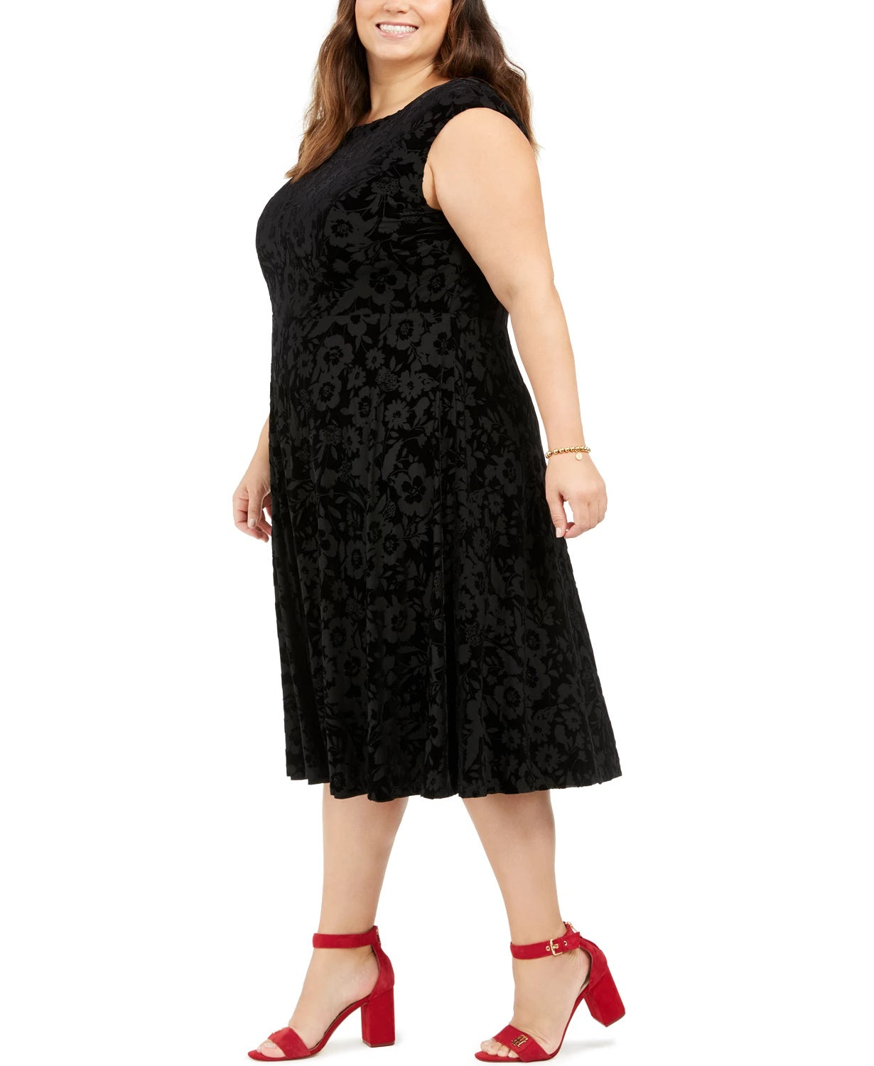 Vestido de festa feminino Tommy Hilfiger de veludo floral, sem mangas, decote redondo, midi, estilo flare, preto, tamanho 18W