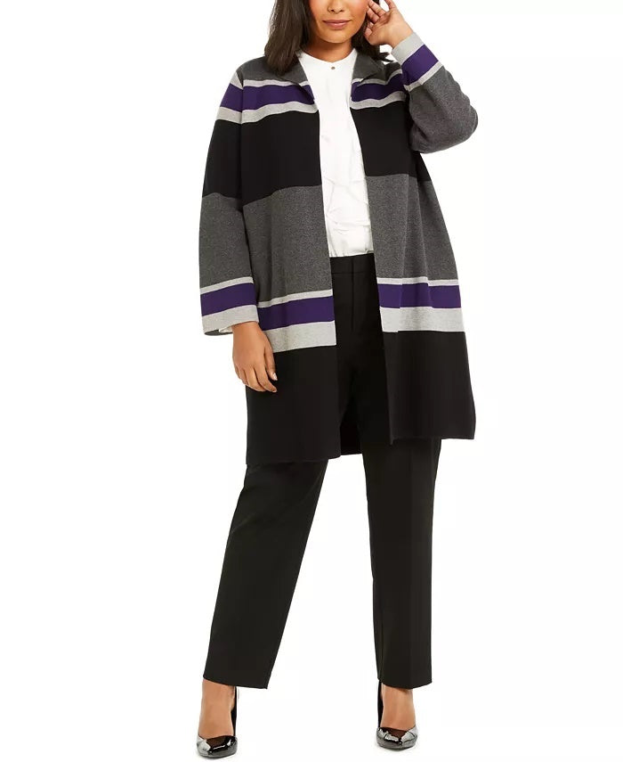 Calvin Klein Cardigan Feminino Plus Size Listrado Aberto na Frente Cinza Tamanho 2X