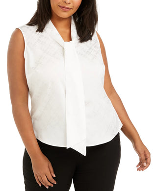Blusa feminina Calvin Klein Plus, sem mangas, estampada, com decote em laço, branca, tamanho 2X