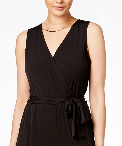 Macacão feminino NY Collection com sobrepeliz e cinto, pernas largas, preto, tamanho pequeno grande