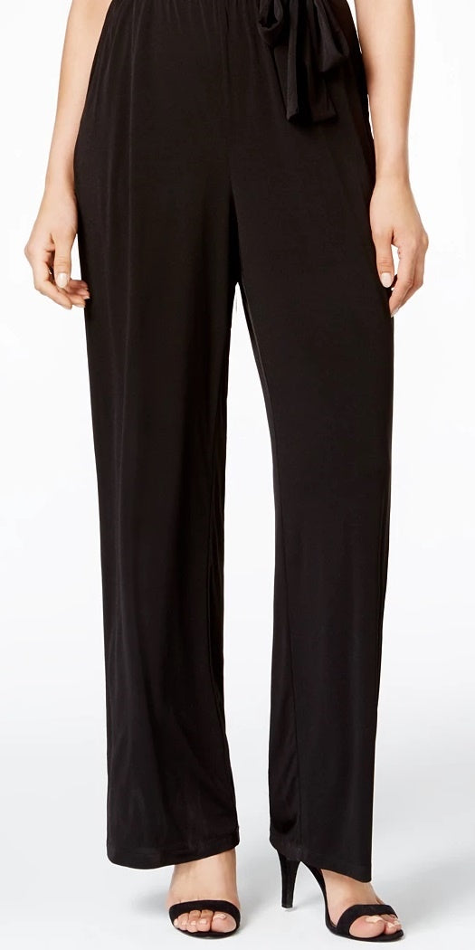 Macacão feminino NY Collection com sobrepeliz e cinto, pernas largas, preto, tamanho pequeno grande