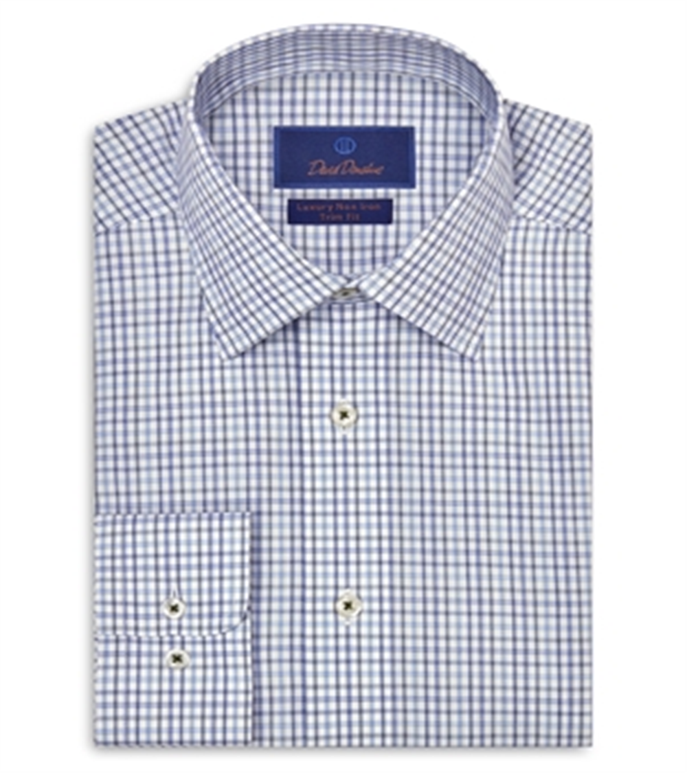 Camisa de luxo estampada em popeline David Donahue Trim Fit, não passável, azul, tamanho 16,5 x 32-33
