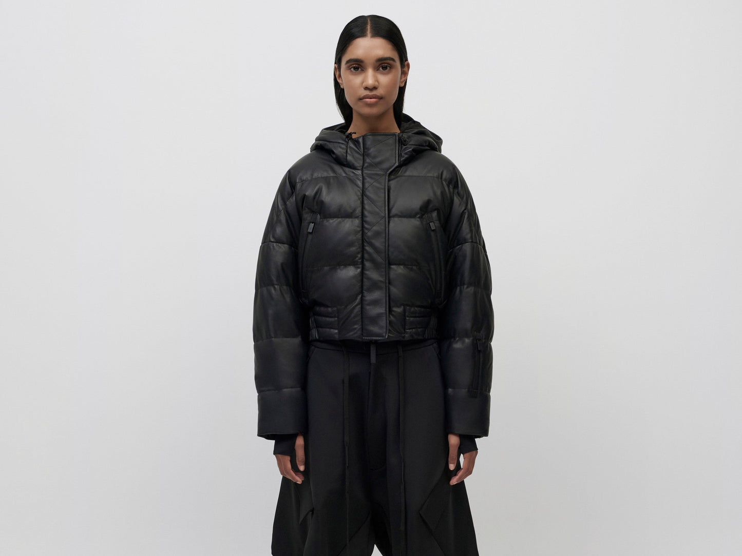 Cropped Leather Down Jacket - Black
