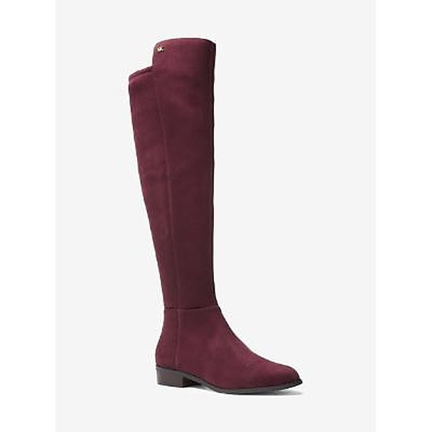 Botas de montaria femininas Michael Kors Bromley de couro com bico fechado acima do joelho, roxas, tamanho 5,5