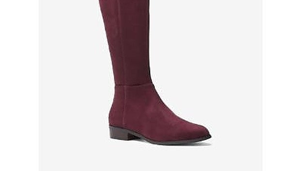 Botas de montaria femininas Michael Kors Bromley de couro com bico fechado acima do joelho, roxas, tamanho 5,5