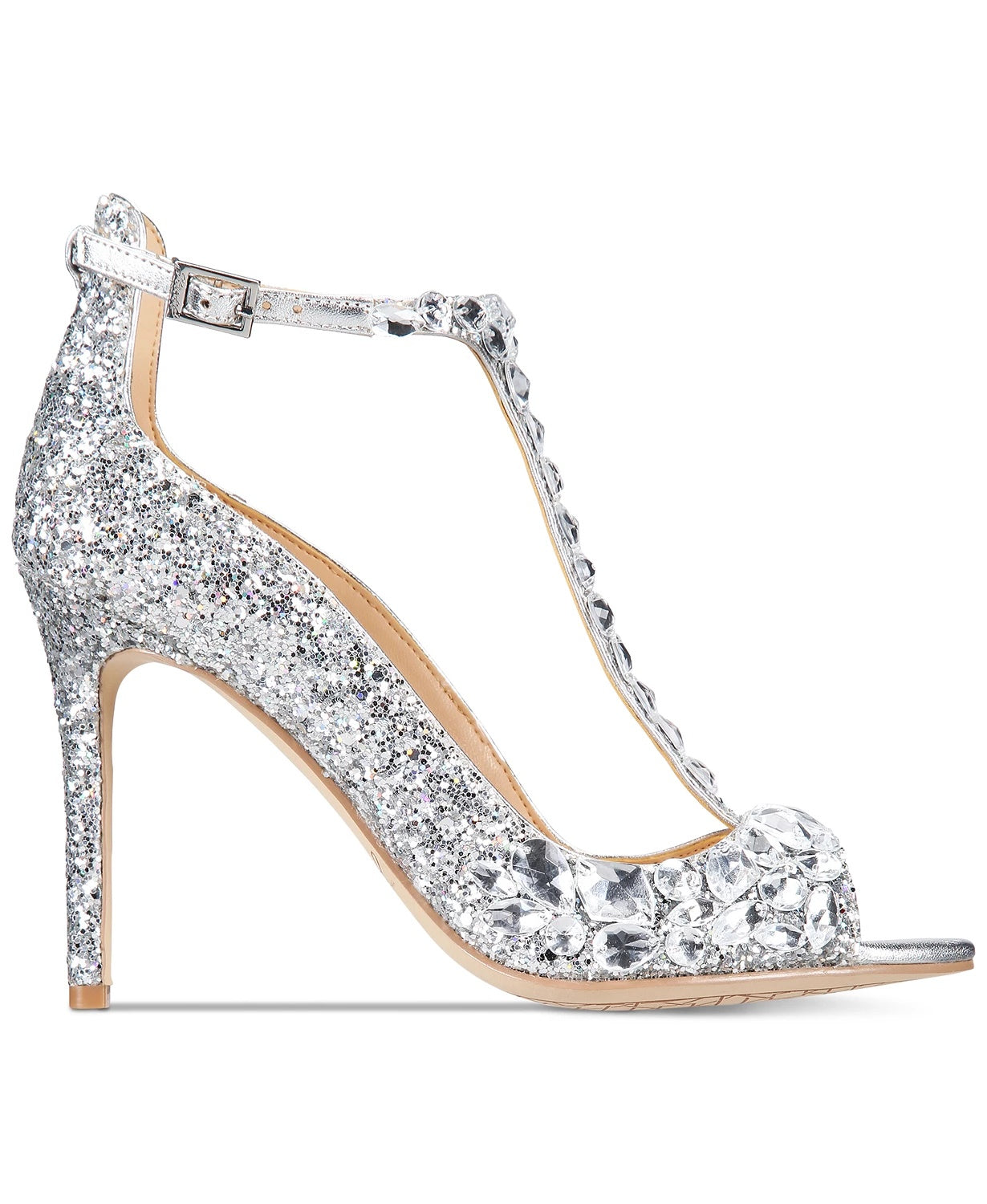 Sandálias de noite femininas Jewel Badgley Mischka Conroy com tiras em T, prateadas, tamanho 8,5 M