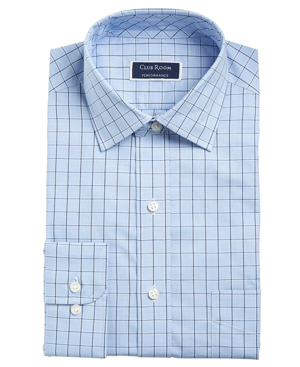 Camisa social masculina Club Room Classic/Regular Fit Performance Windowpane, azul-marinho, tamanho 34-35