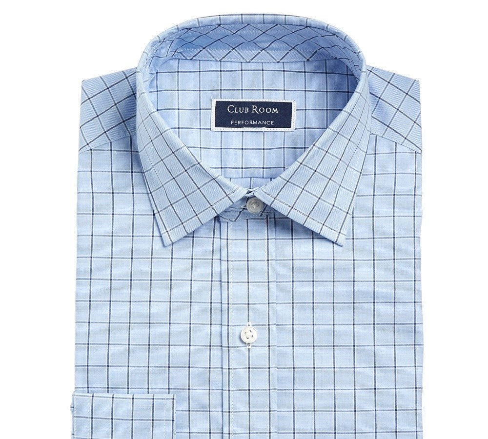 Camisa social masculina Club Room Classic/Regular Fit Performance Windowpane, azul-marinho, tamanho 34-35