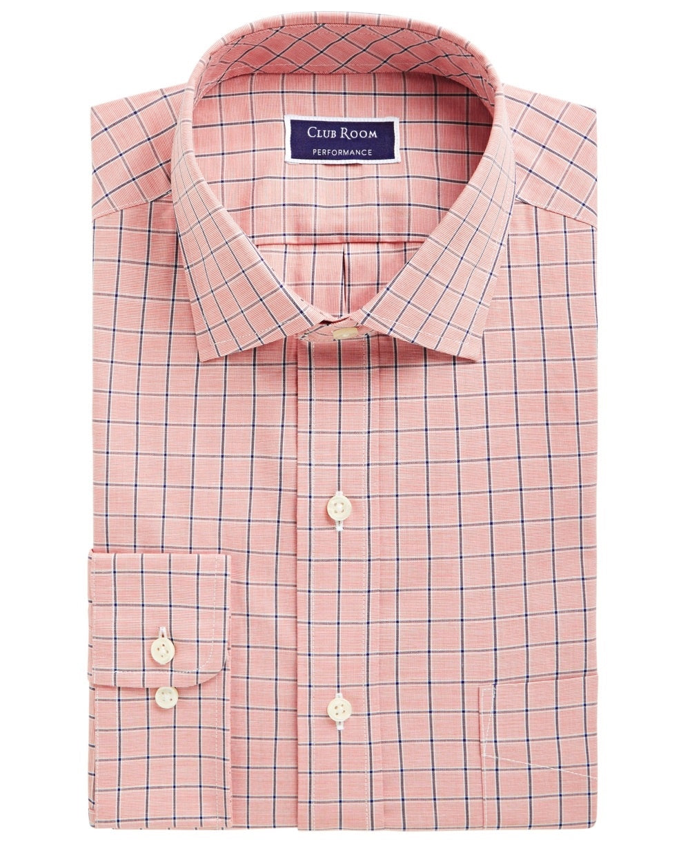 Camisa social masculina Club Room Classic Regular Fit Performance Windowpane Laranja Tamanho 16X34X35