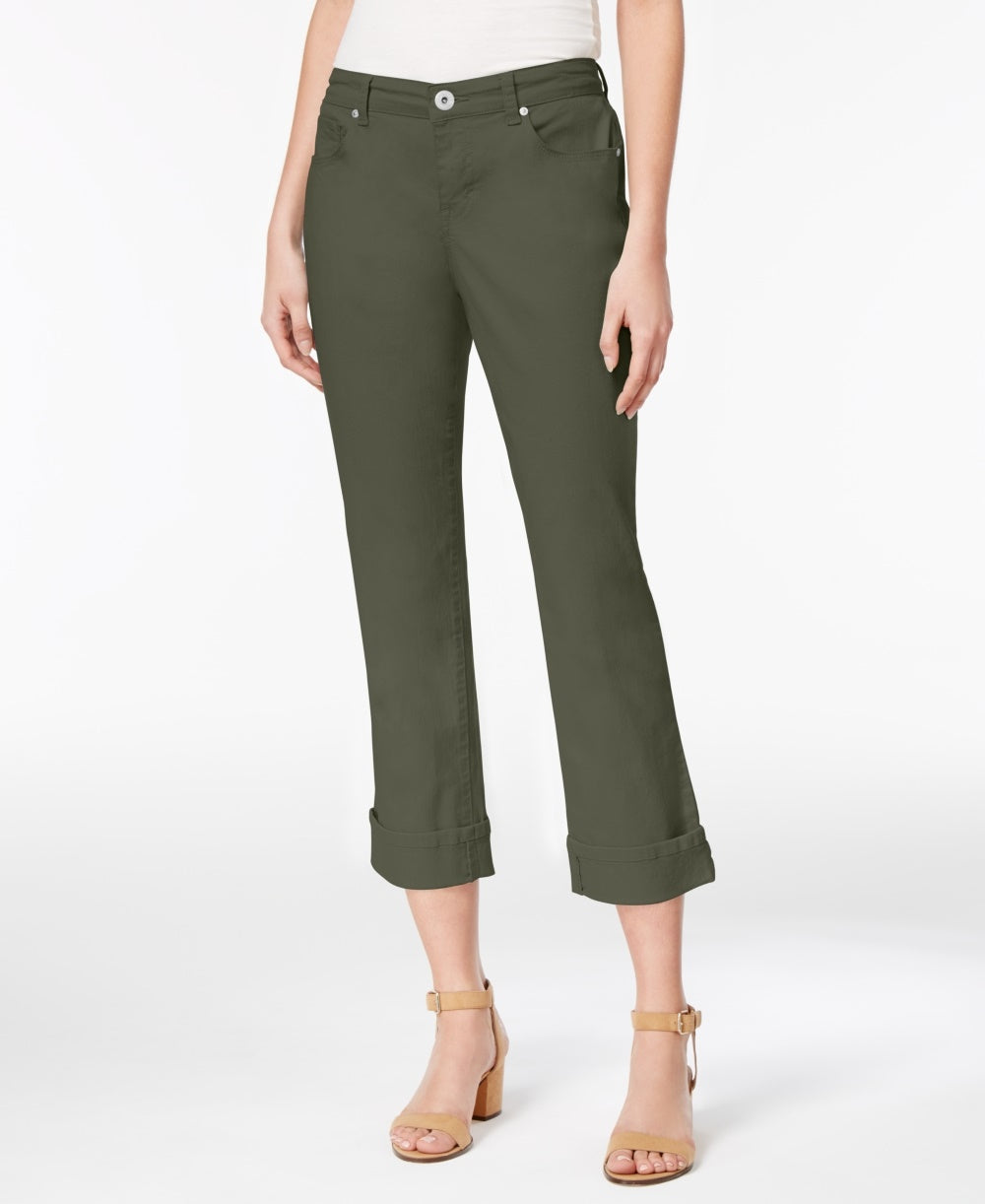 Calça jeans capri feminina estilo curvilíneo, verde, tamanho 8, pequena