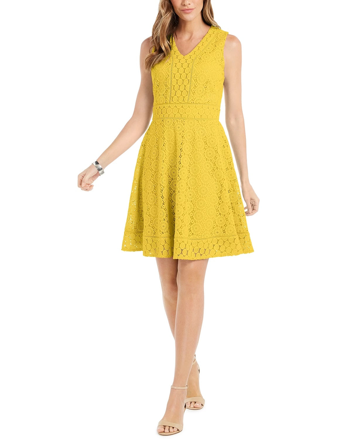 Vestido feminino Charter Club com ajuste evasê e renda, rosa, tamanho médio