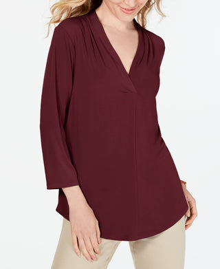 Charter Club Women's Pleat Neck 3/4 Sleeve Top  Wine Size Petite Medium