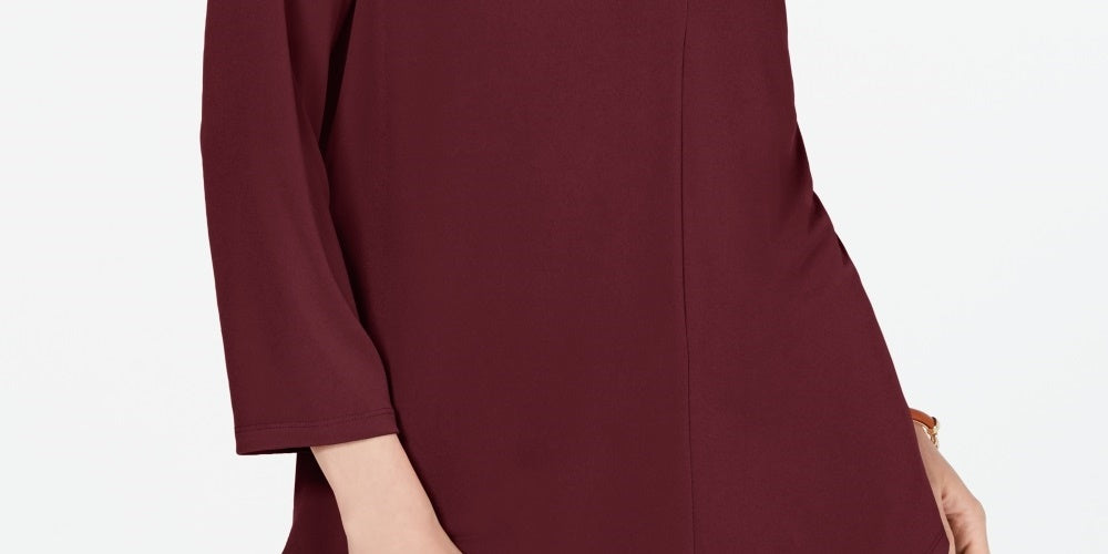 Charter Club Top Feminino com Decote Plissado e Manga 3/4, Vinho, Tamanho Pequeno Médio