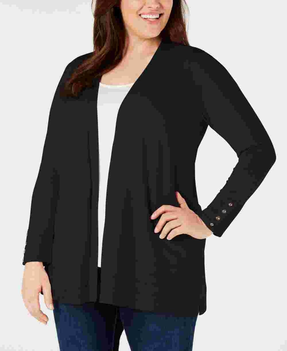 Cardigan feminino Charter Club Pointelle Trim Completer, preto, tamanho 1X