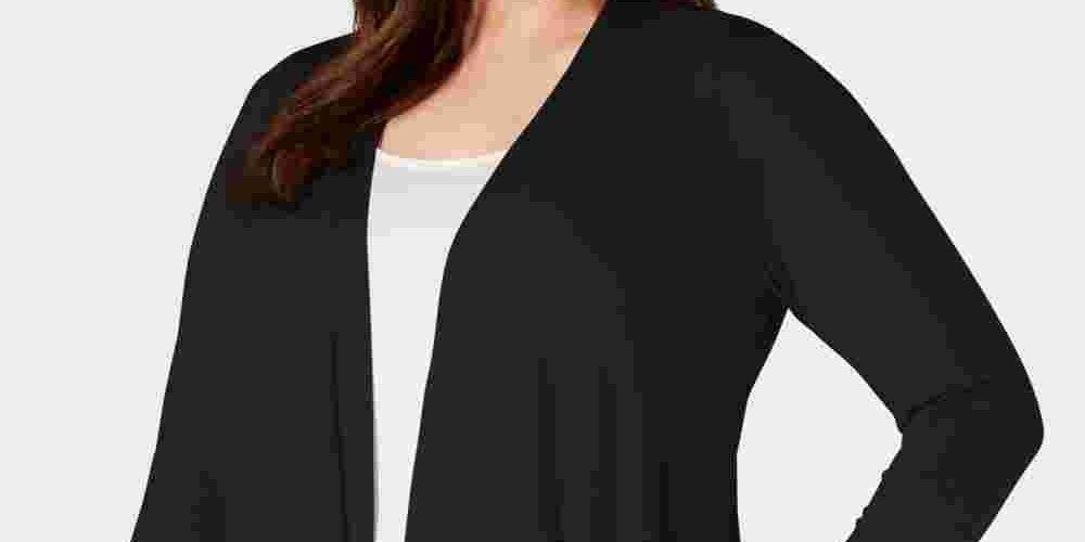 Cardigan feminino Charter Club Pointelle Trim Completer, preto, tamanho 1X