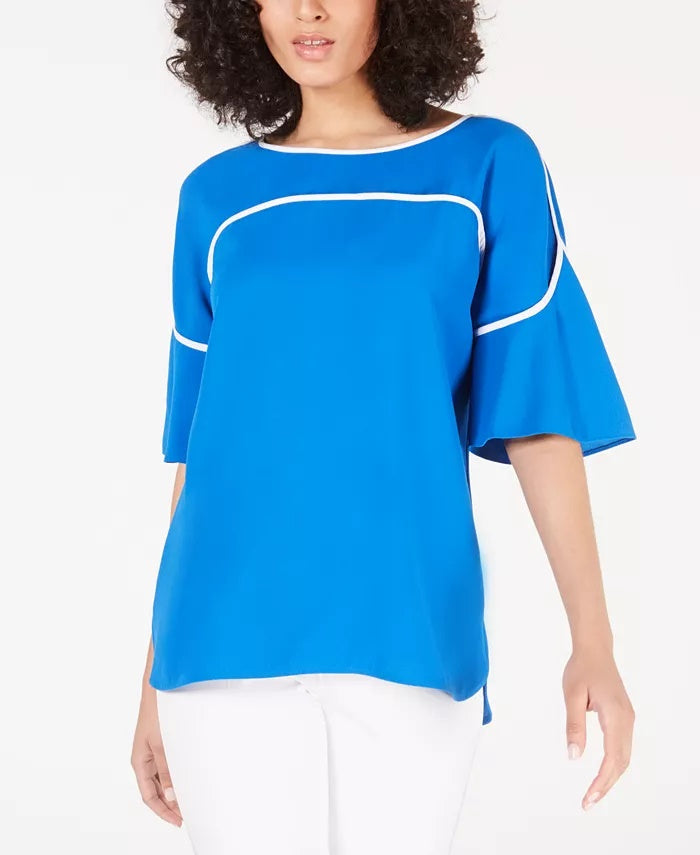 Blusa feminina Alfani com mangas bufantes e decote canoa, azul, tamanho pequeno e pequeno