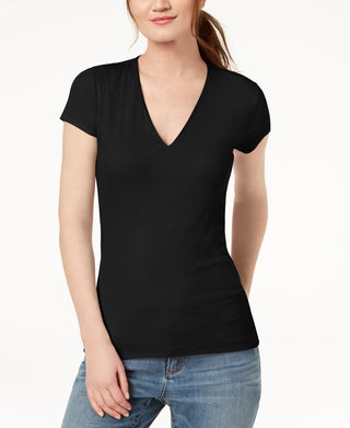Blusa feminina com decote em V canelado da INC International Concepts, preta, tamanho grande