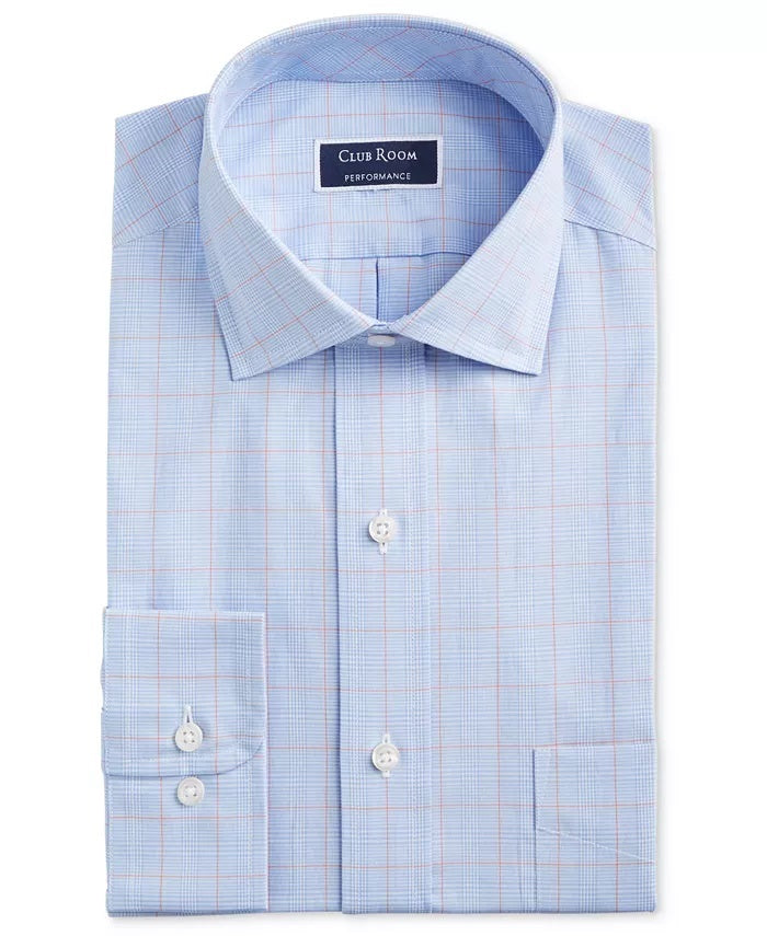 Camisa social masculina Club Room Classic/Regular Fit Stretch, resistente a rugas, Small Glen Plaid, azul escuro, tamanho 17x34-35