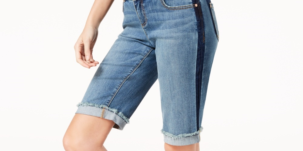 Shorts jeans femininos INC International Concepts com ajuste curvilíneo e acabamento contrastante, azul-marinho, tamanho 4